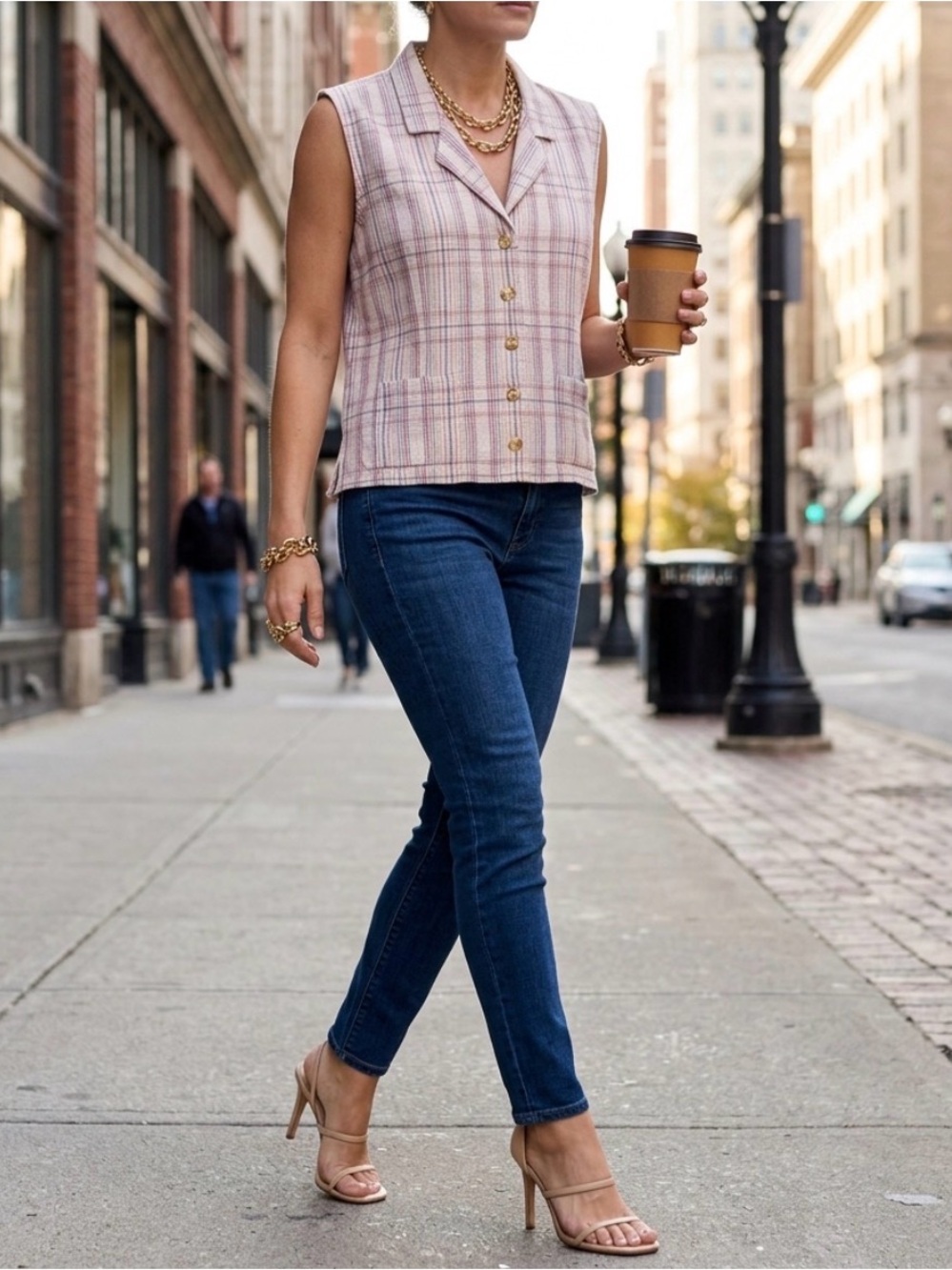 Vintage EXCHANGE Silk Plaid Button Vest Shirt in Pink and Blue